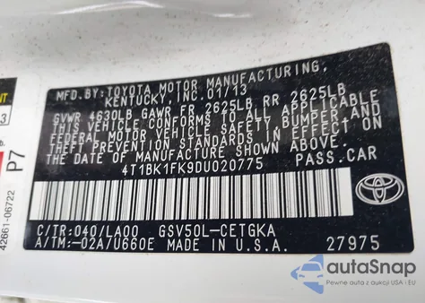 2013 Toyota Camry Xle V6 from USA, damaged, VIN 4T1BK1FK9DU020775
